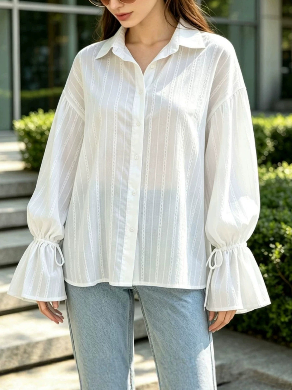 Forever 21 Loose Jacquard Blouse Fall Pure Cotton Turn Down Collar Flare Sleeve